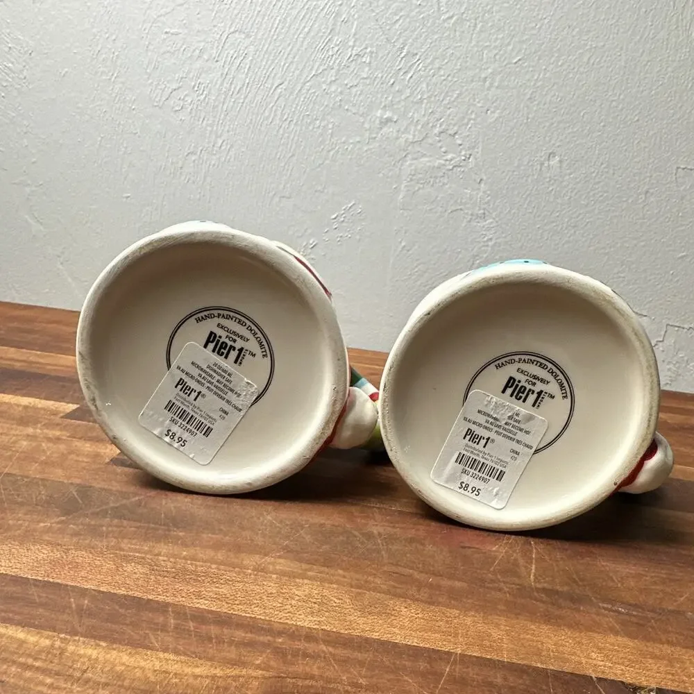 Pier 1 Hand-Painted Ceramic Snowman Christmas Mugs Set of 2, 6in MPN 2700247
